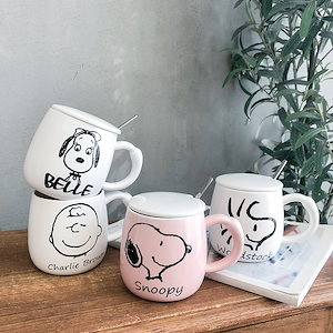 漫画スヌーピーセラミックマグかわいい手描きの学生マグカップと蓋スプーン文学と鮮なコーヒーカップ