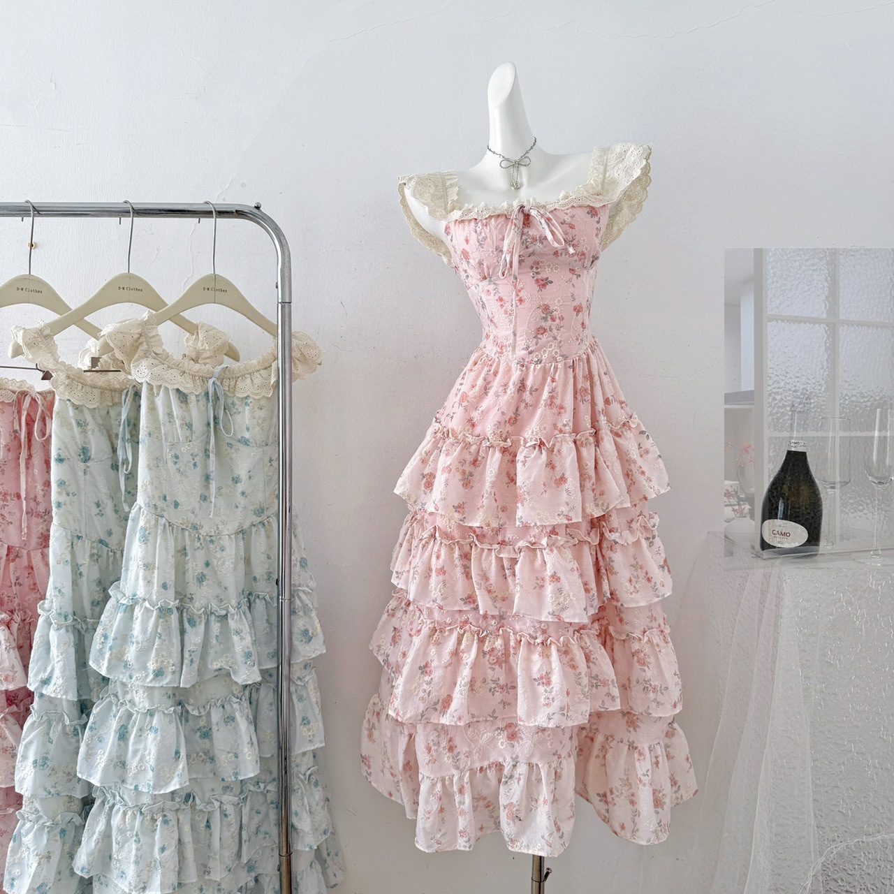 【急速出荷】知世桜織花翎精緻で甘い小飛袖優しい花柄ウエスト巻き姫ワンピース