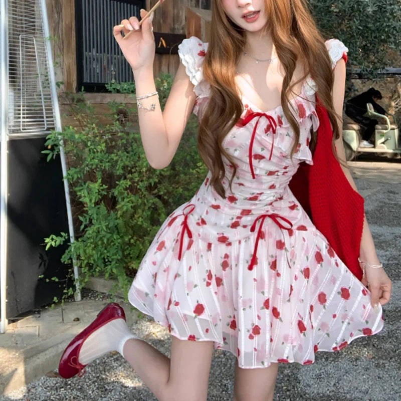 3日出荷 ワンピース ロング & ショート 雰囲気 レッド リゾート 花柄 ハイウエスト スカート