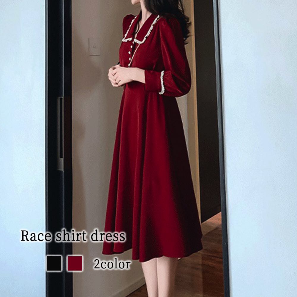 ワンピース レディース レースシャツワンピース Aライン ネック 大人 韓国 秋 安い 大きいサイズ きれいめ 20代 スカート ロング 黒 白 40代 アウトドア 厚手 かわいい しっかり ニット