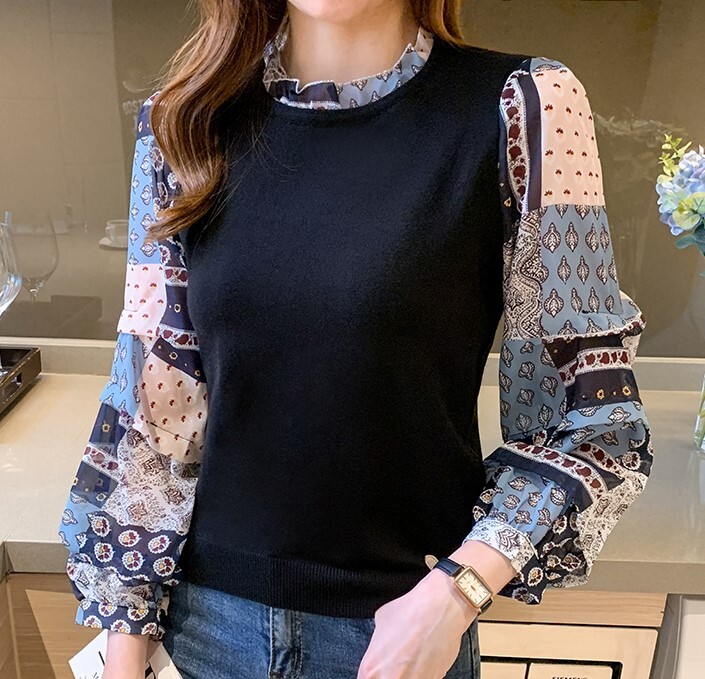 トップス ブラウス 袖あり 長袖 Uネック 襟付き フリル 大人 上品 おしゃれ 個性的 クール エレガント 柄 春 夏 秋 20代 30代 40代 50代 レディース お出かけ 休日 旅行 着回し