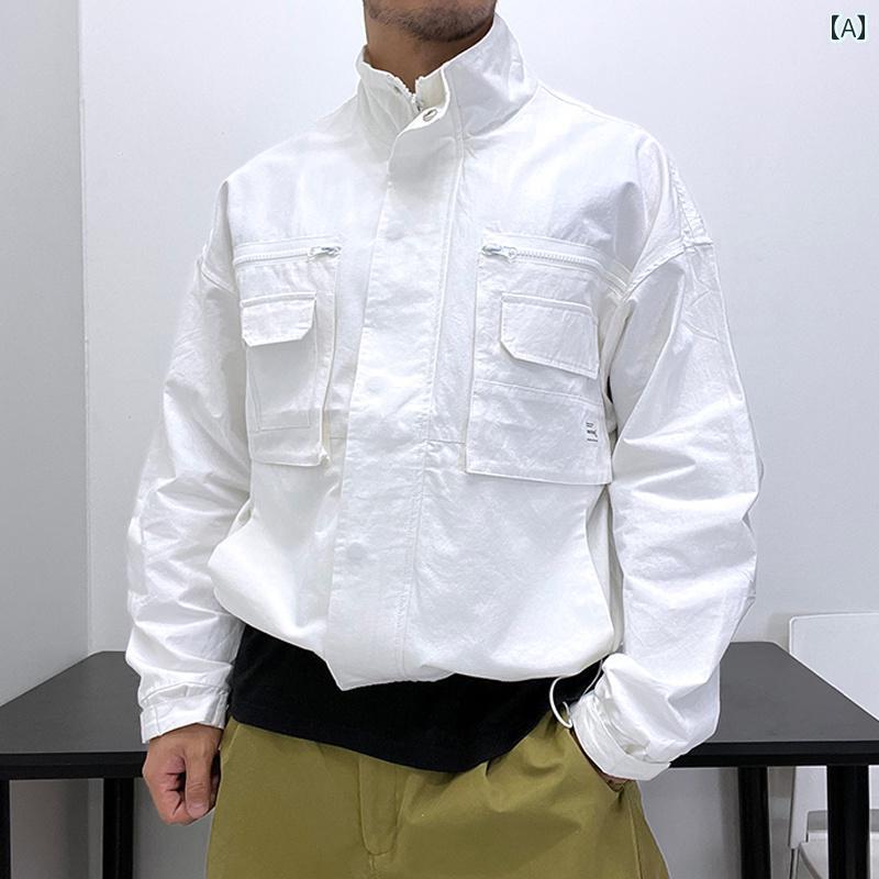 メンズ 裾 ドローストリング ワイド ジャケット ホワイト 秋冬 薄手 涼しい トレンド 風 トレンド 個性