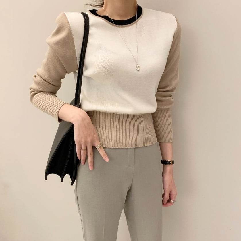 2color レディース ショート丈ニット バイカラーニット トップス ショート丈 長袖 タイト