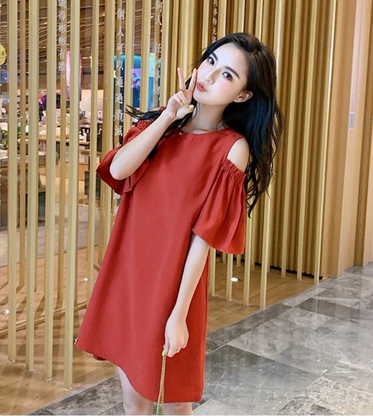 バックリボンオフショル風ミニワンピース ワンピドレス 袖あり 半袖 ラウンドネック Aライン かわいい 可愛い きれいめ シンプル カジュアル 上品 おしゃれ お洒落 女子 こなれ感