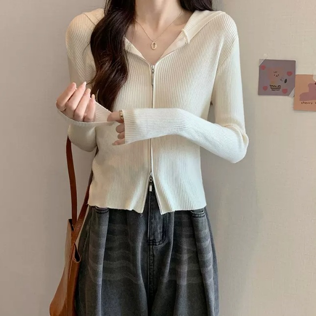 ダブルジップ トップス ニットソー カーディガン 全5色 長袖 フード付き フーディ ショート丈 可愛い きれいめ 上品 おしゃれ 可愛い ラブリー キュート ガーリー モード系 クール 5,170円