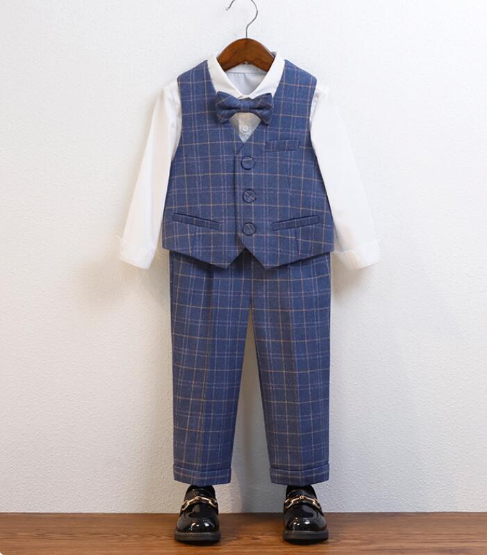 男の子スーツ チェック柄子供スーツセット ネイビー　子供服　ベスト　フォーマルスーツ リボン　男の子スーツジャケット　キッズスーツ　司会者　ステージ 入園式 男の子スーツ パンツ 結婚式 卒業式　入園