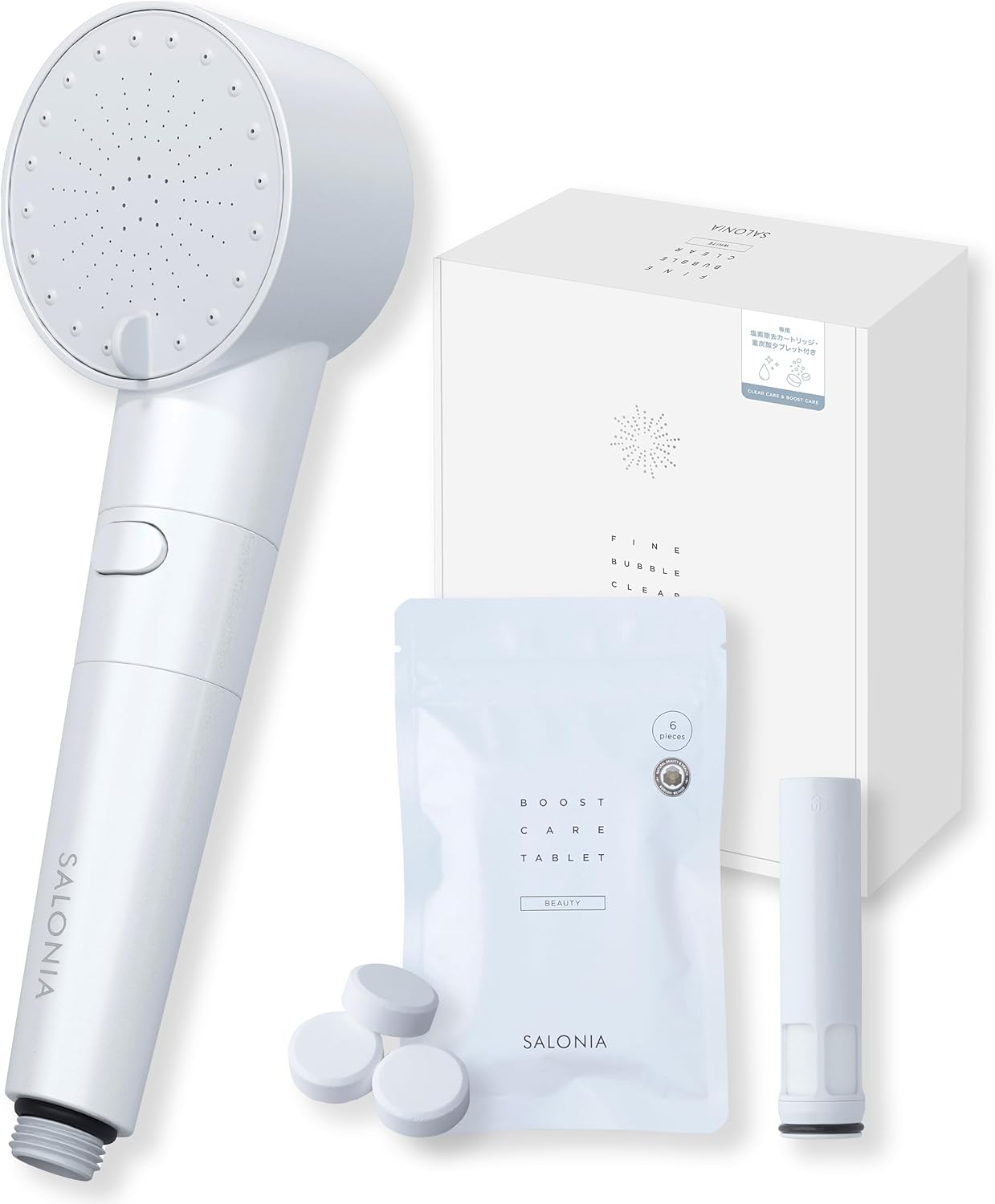 SALONIA サロニア シャワーヘッド ファインバブルクリア マイクロナノバブル 節水 高水圧 塩素除去カートリッジ + 重炭酸タブレット付き ホワイト