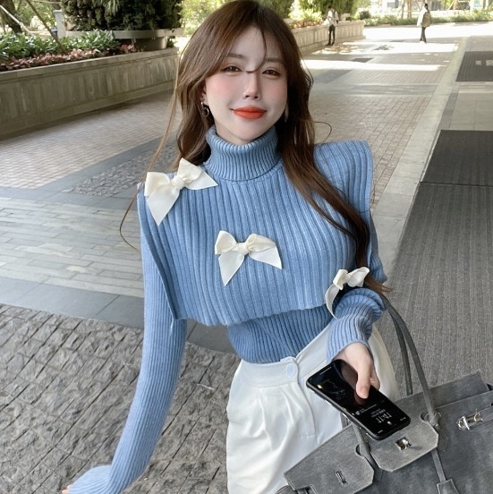 アンサンブル トップス セーター 袖あり 長袖 タートルネック クルーネック デザイン 美ライン ニュアンス リボン 2way リブニット 伸縮性 ニット ツーピース お得 カラバリ かわいい