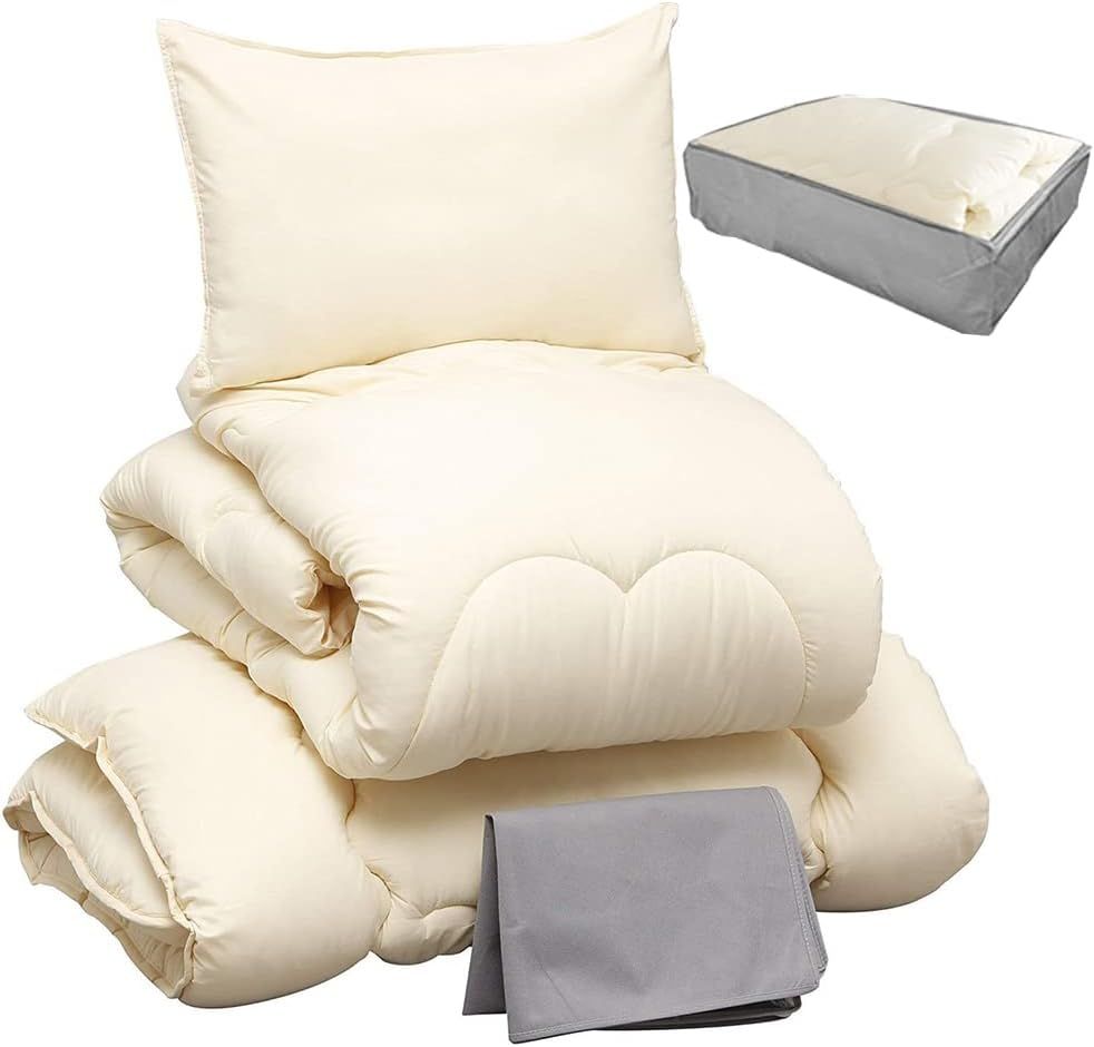 アイリスプラザ 丸ごと洗える布団4点セット セミダブル 中空ポリエステル綿採用 すっきり収納ケース付き しっとりなめらかピーチスキン加工 (掛け布団 敷布団 枕) アイボリー