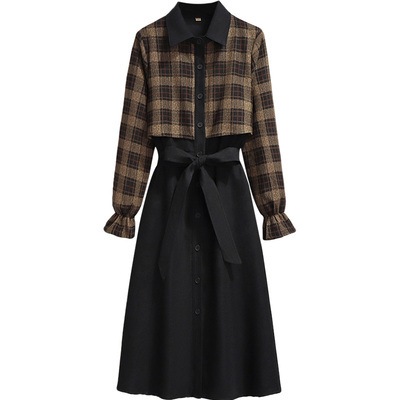 フェイク ワンピース ツーピース チェック ワンピース シャツワンピース 膝下 袖あり 長袖 襟付き 切り替えデザイン フリル お得 かわいい 大人可愛い おしゃれ レトロ ラブリー キュート