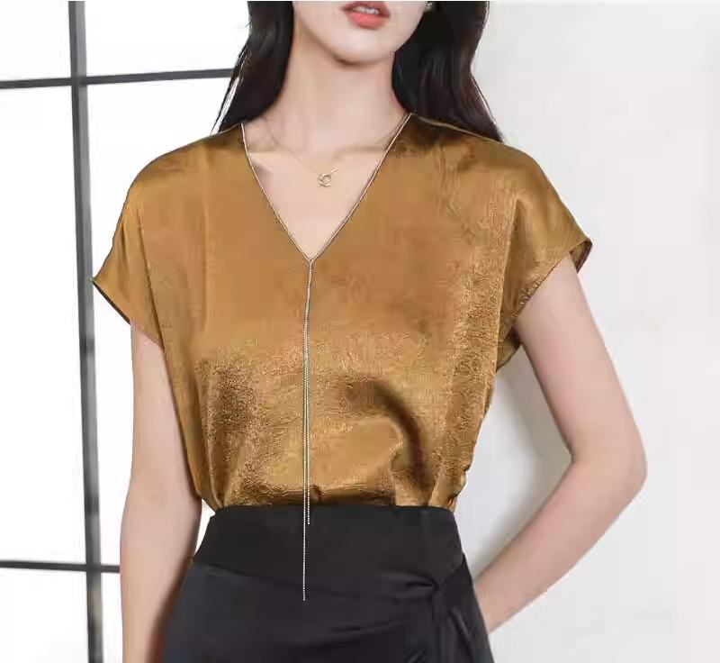 シフォンシャツ ブラウス レディース 夏 上品 女性 カジュアル プリント 半袖 Vネック プルオーバー 通勤 オフィス 薄手 軽量 柔らかい 涼感 トップス スリムフィット