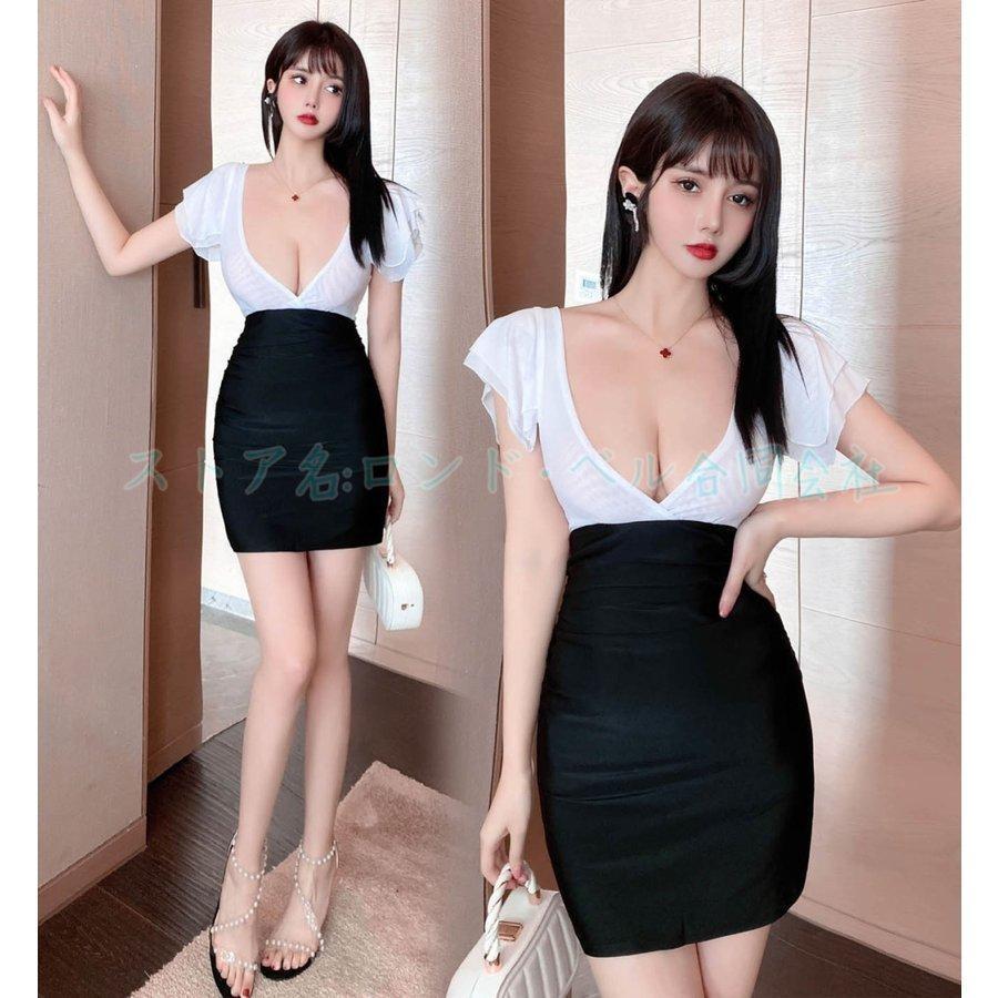 超深Vネック ワンピース セクシー 半袖 ミニ レディース ボディコン タイトワンピース キャバワンピース ヒップラップ ハイウエスト ドレス お呼ばれ 二次会