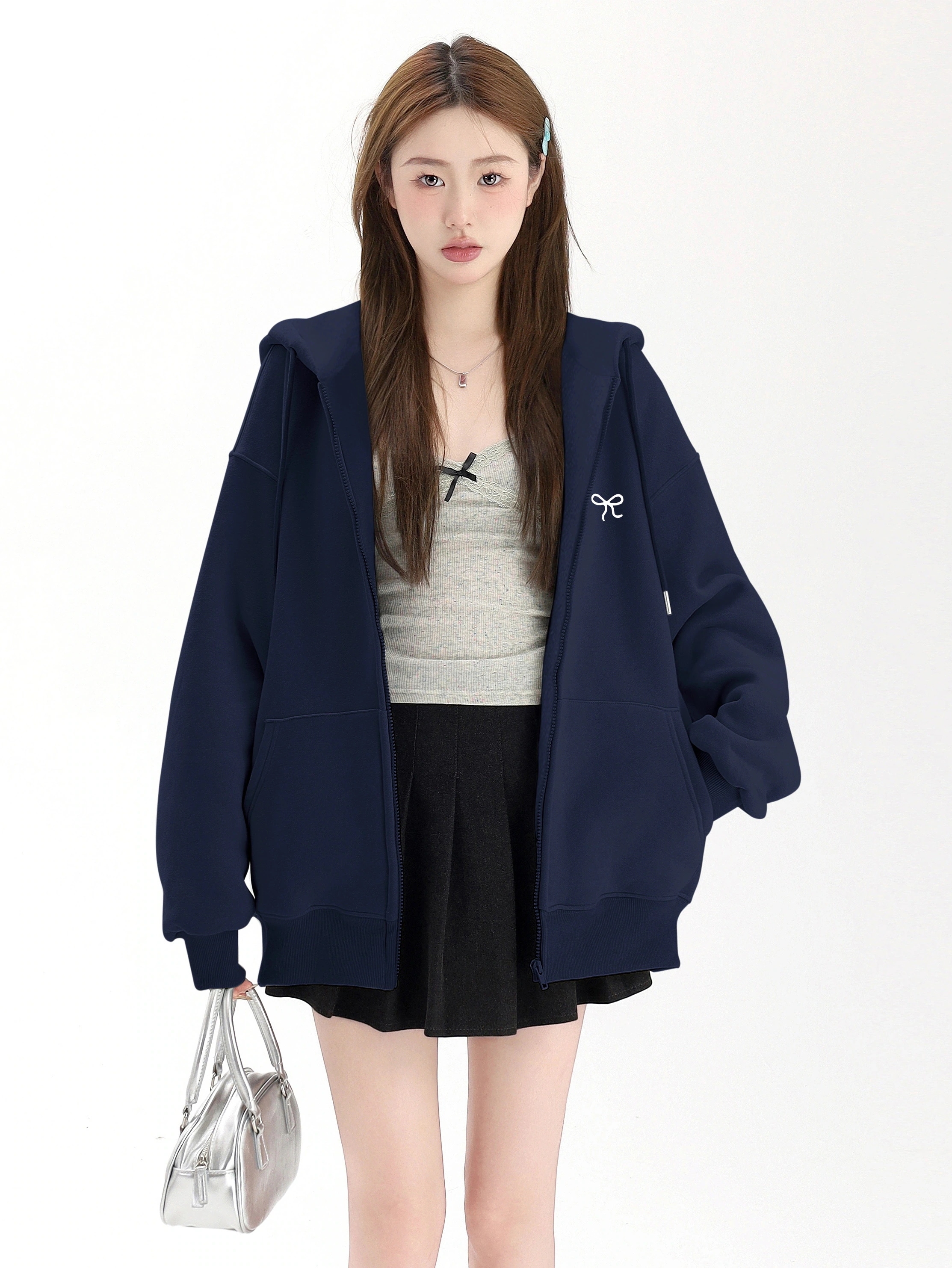 25 トレンド2type 裹起毛トップスバイカラー長袖 かわいいK-PPTロング黑レディース韓国風衣装ルーズゆったりカジュアルおしゃれサイズスリーブシルエットファッション系サイド1