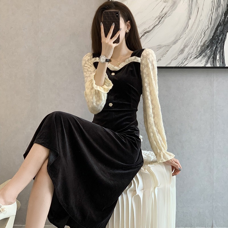 ロングワンピース 魅せる ワンピース ブラック 黒 ミディアム丈 袖あり 長袖 スクエアネック