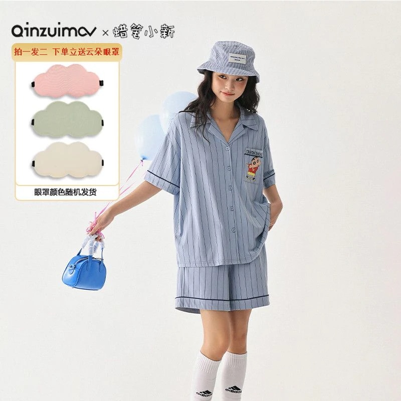 キス猫【クレヨンしんちゃん】夏のストライプ半袖パジャマセット女の子可愛いモーデルコットン部屋着