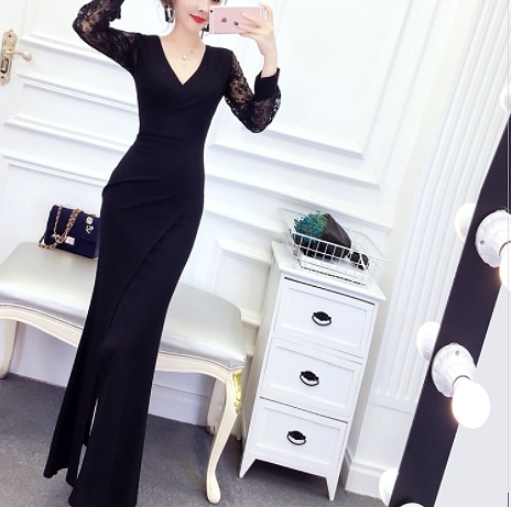 パーティーワンピース スリット入り 袖レース ホワイト ブラック ワンピース ミモレ ミモレ丈