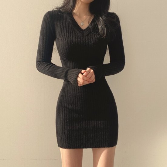 【取寄：納期2週間】Vネックワンピース ニットワンピース ミニワンピース リブニット ショート丈 レディース スリムフィット ロングニット きれいめ セクシー カジュアル リブニットワンピース 5,480円
