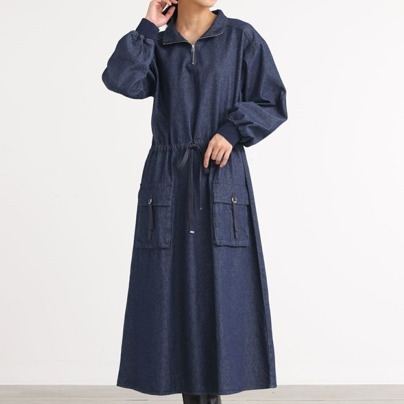 ワンピース ロングワンピース デニムワンピース 長袖 襟付き ハイネック 2way ハーフジップ ウエストマーク ポケット かわいい 大人可愛い きれいめ シンプル 上品 おしゃれ かっこいい