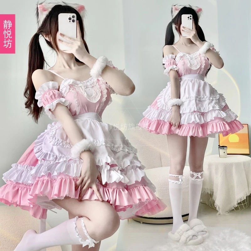 ピンクのアニメメイド衣装コス衣装日本のロリータセクシーでかわいい女の子のロリータサスペンダードレス