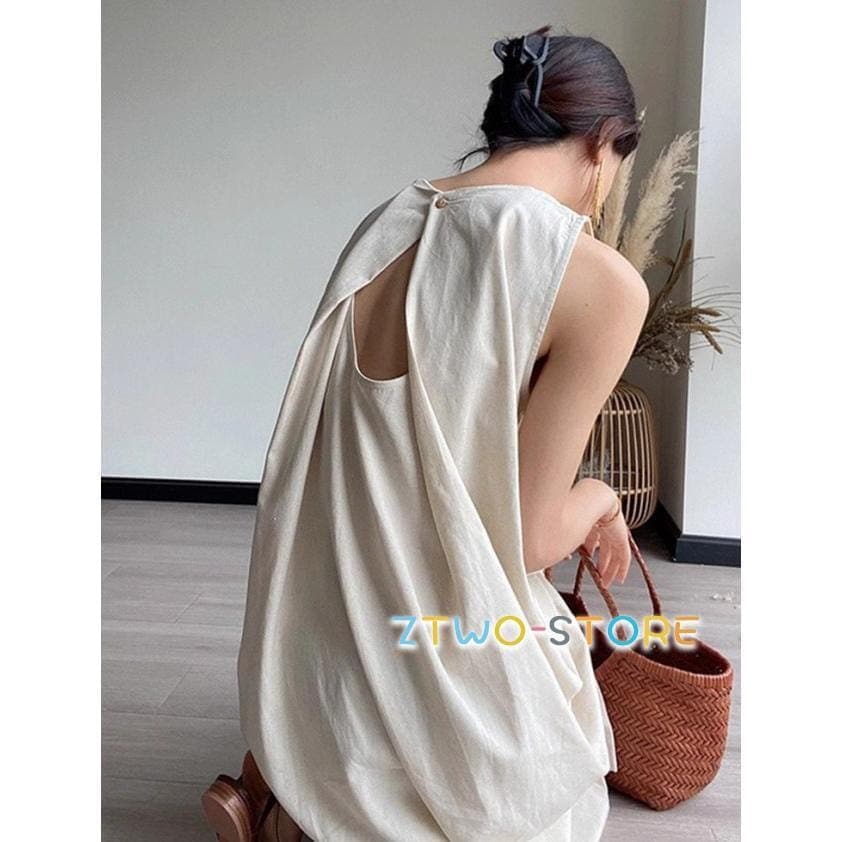 ワンピースドレスその他 ワンピースドレスワンピース シンプル 肩リボン 春夏 体型カバー リネン風 ノースリーブ 大きいサイズ ゆったり ロング レディース Aライン ロングワンピース 無地