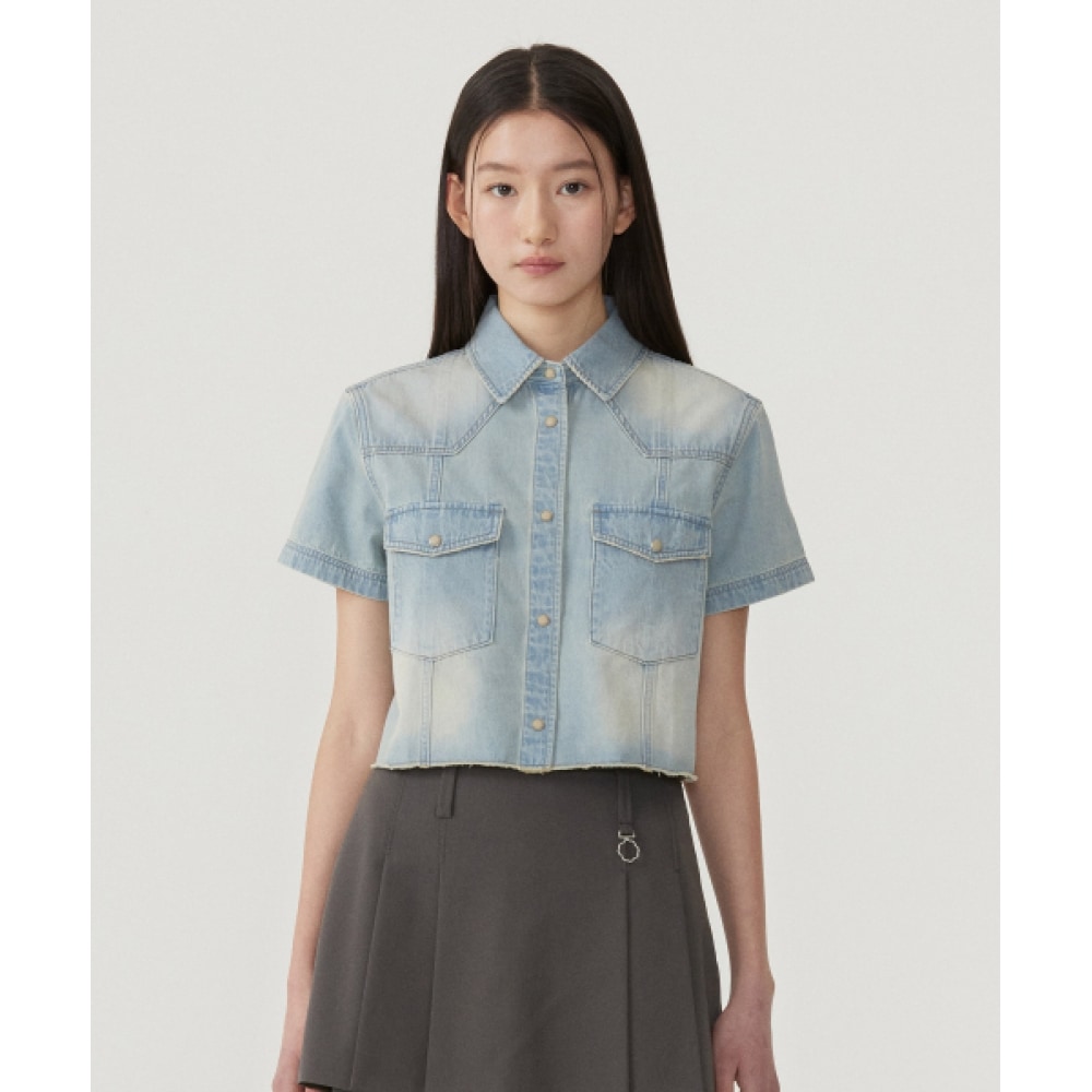 COVERNAT WOMAN ポケットデニム半袖シャツ Light Blue