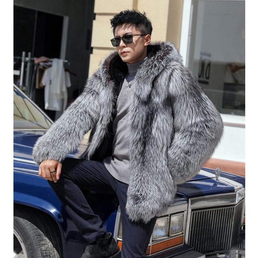 大人気 フェイクファー 防寒 毛皮コート フード付き 上品 ファーコート 防風 メンズ ロング丈コート お洒落 冬物 アウター 暖かい コート ジャケット 長袖