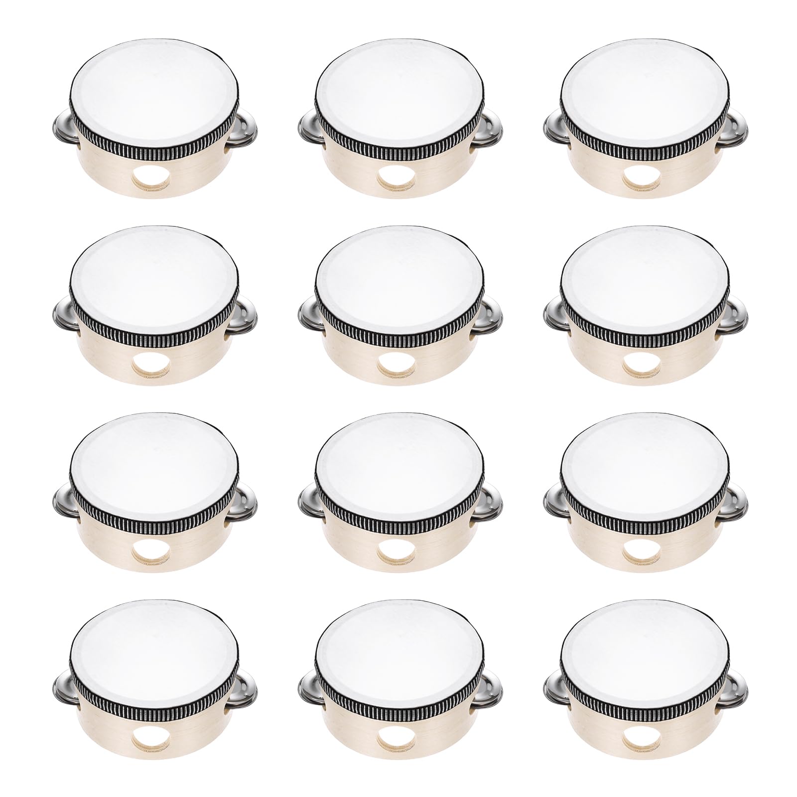 uxcell 12個入りタンバリン 4インチ 木製 ハンドヘルド シングルロウ メタルジングル 打楽器 大人用 教会 ウェディング パーティーゲーム 木目調