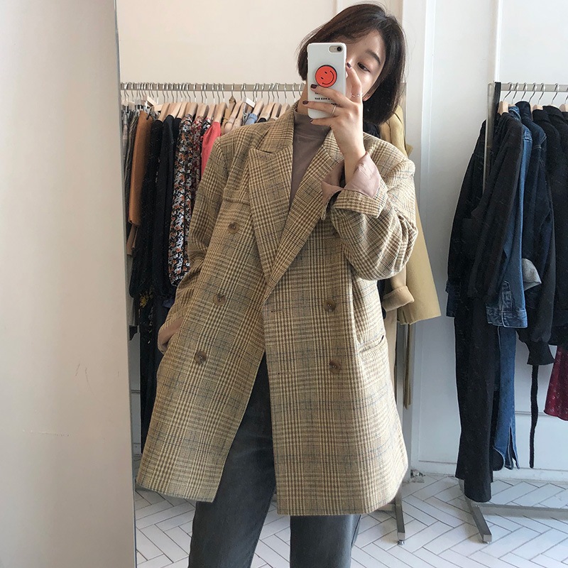 チェック柄ジャケット ジャケット コート アウター スーツカラー ルーズ 長袖. ウールコート 韓国