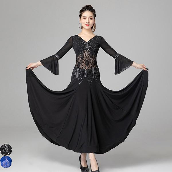 人気 社交ダンスドレス 社交ダンス モダンドレス 大きいサイズ 長袖 広がる裾 スタンダードドレス ワルツダンス ワンピースドレス ダンス衣装 ダンスウェア ステージ衣装 競技会 カラオケ デモ パー