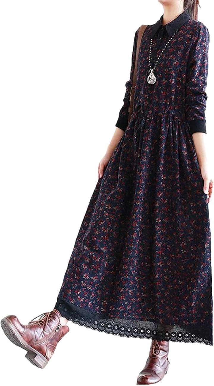 幾何学柄 花柄 レトロ風ロングワンピース シックカラー レース ウエストゴム ミモレ丈 レディース (ネイビー, L)