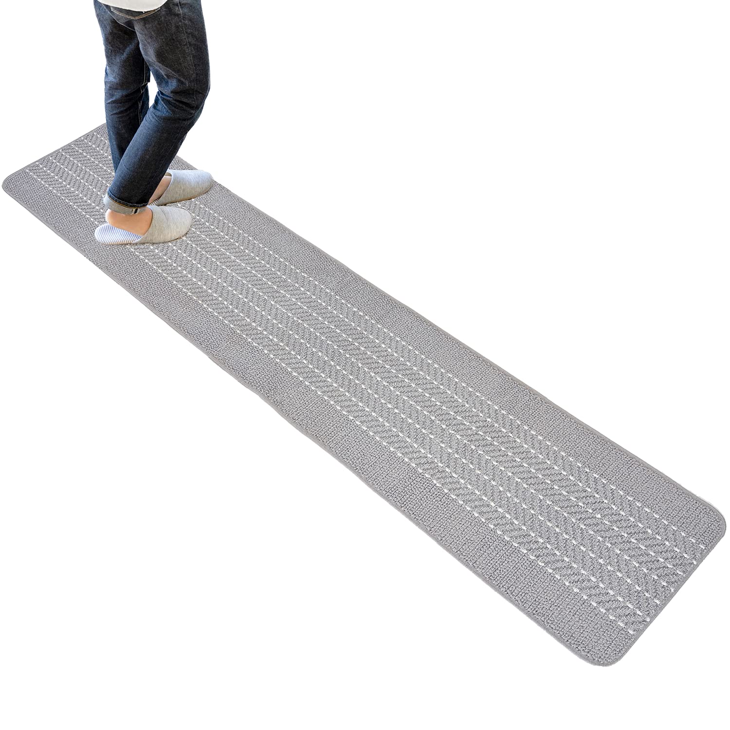 オカ(OKA) 優踏生洗いやすい キッチンマット 約45cm×252cm グレー(ヘリンボン) (洗える 軽量 滑り止め クッション)