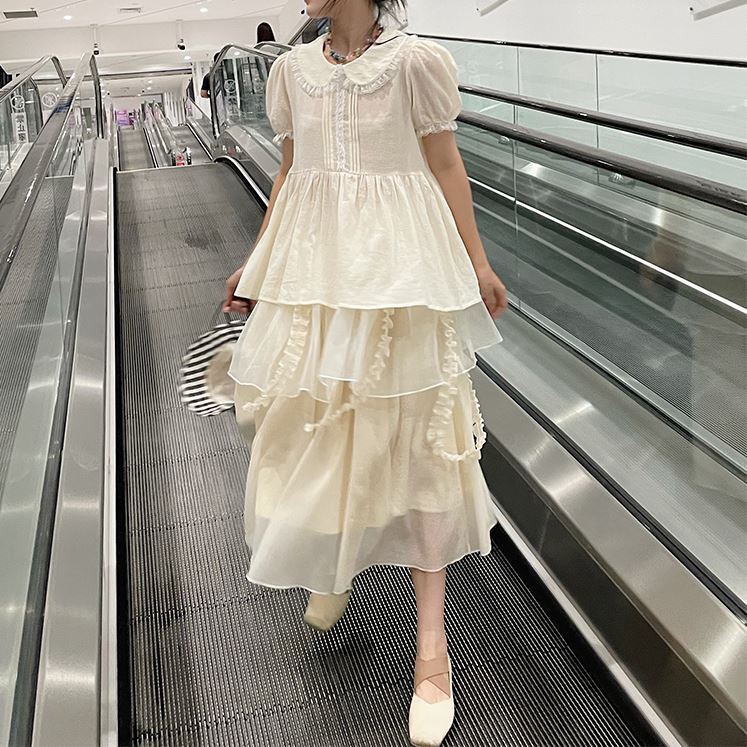 ワンピース レディース ティーアードワンピース チュールワンピース ミモレ丈 ロング丈 パフスリーブ