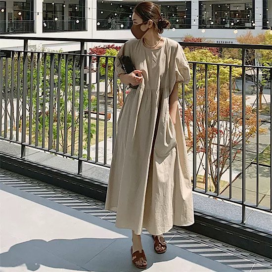 【取寄：納期2週間】ワンピース ロング丈 サイドスリット バルーンスリーブ バックリボン レディース 無地 5,621円