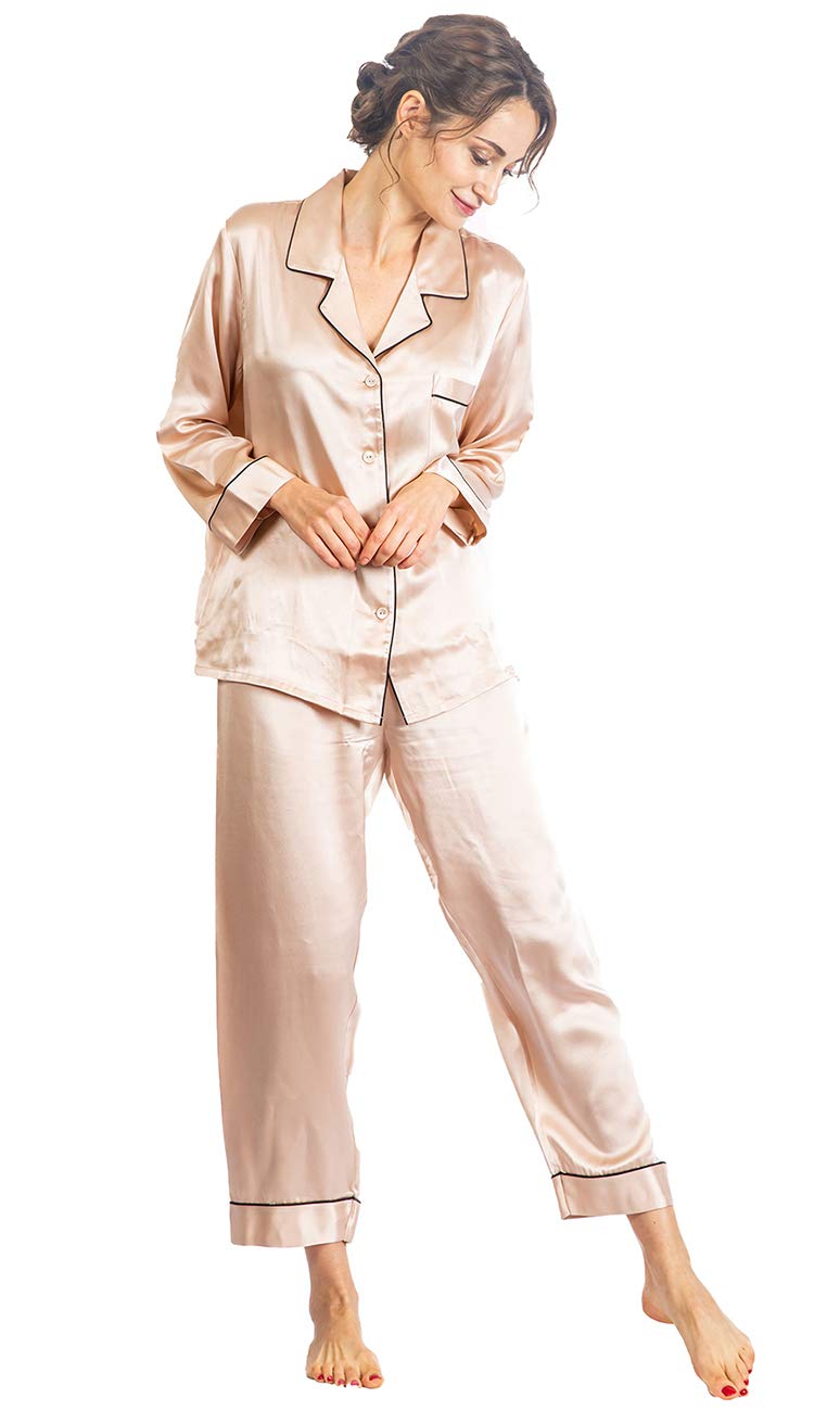 [kurevy] レディース シルクパジャマ 上下セット 高級シルク100% 6Aランク 前開き 長袖 静電気防止 日本メーカー国内検品検査済み (L, ピンク)