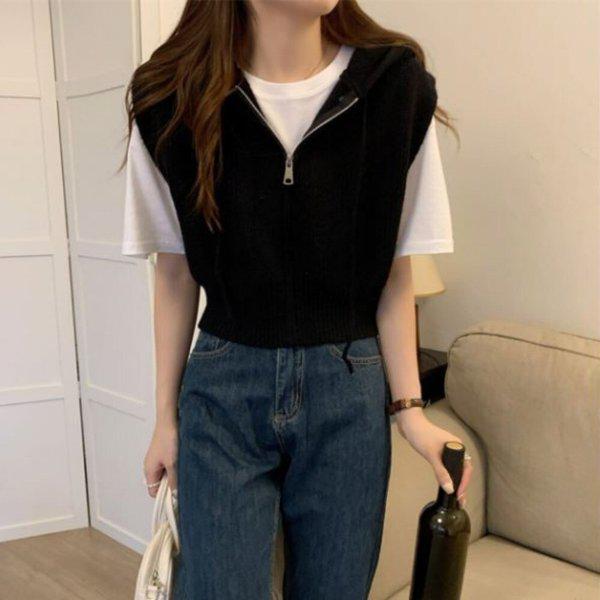 女性カジュアル無地リブニットジップアップベストSD-VEA-SSNY1001006