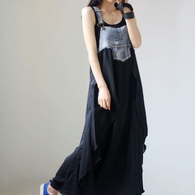 ワンピース ノースリーブ 春夏 カジュアル 大きいサイズ ロング デニムワンピース シフォンスカート ロング ロング丈 マキシ マキシ丈 9分丈 アンクル丈 襟なし BIGシルエット シフォン 黒 ブ