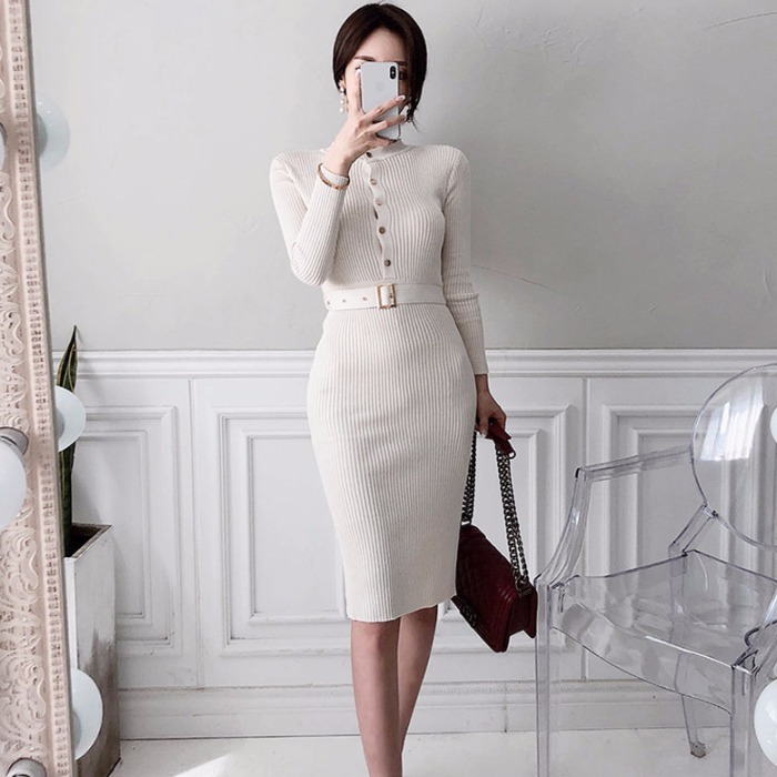 3色 ワンピース 長袖 秋冬 ロング ニット ワンピ ワンピドレス タイトワンピース 膝丈 ひざ丈 膝下 ミモレ ミモレ丈 萌袖 襟なし スリム タイト 細身 ストレート ベルト ウエストマーク スリ