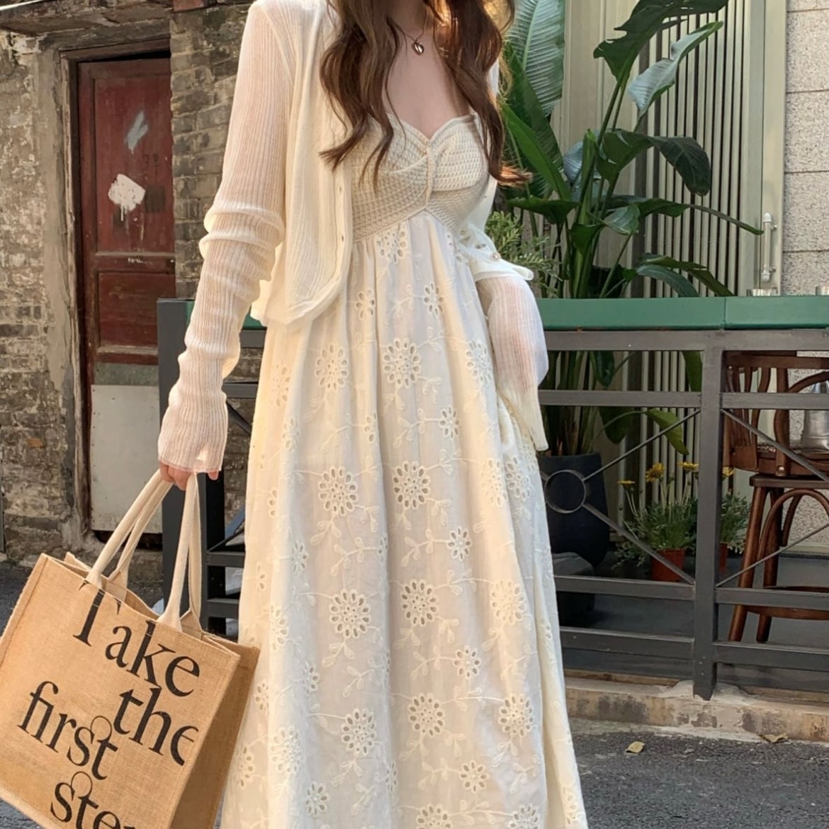 2点セット レディース カーディガン ボレロ S M L 韓国 キャミソールワンピース キャミワンピ ロング ロング丈 長袖 ワイド Aライン 刺繍 クロシェ 編み込み かわいい 大人可愛い きれいめ