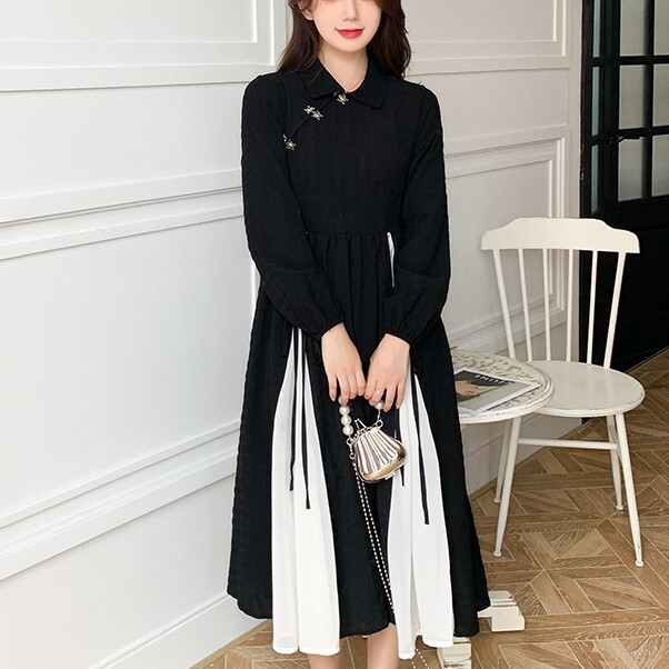 ワンピース レディース ロングスカート ワンピドレス S M L XL 韓国 チャイナ風 ロング丈 長袖 ポロカラー フレア Aライン ハイウエスト ボタン かわいい 大人可愛い シンプル カジュアル