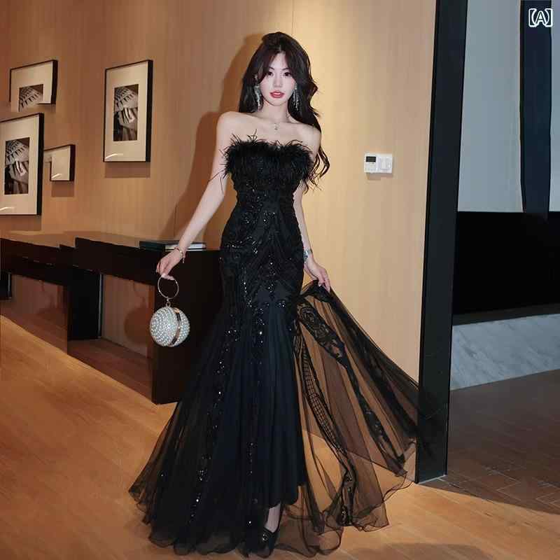 ドレス　パーティー　レディース 女性用 チューブ トップ イブニングドレス ブラック ダチョウの 羽 スパンコール フィッシュ テール チュール スカート 重厚 ホスト パーティー 結婚式 美術 試験