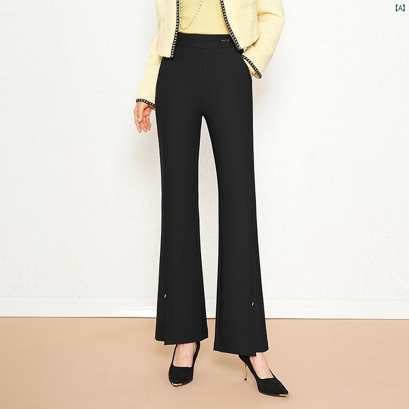 ウエスタン ドレープ性 伸縮性 レディース ベルボトムパンツ 秋 ハイウエスト スリム カジュアル ミッドブルー 体型カバー ベルボトム パンツ