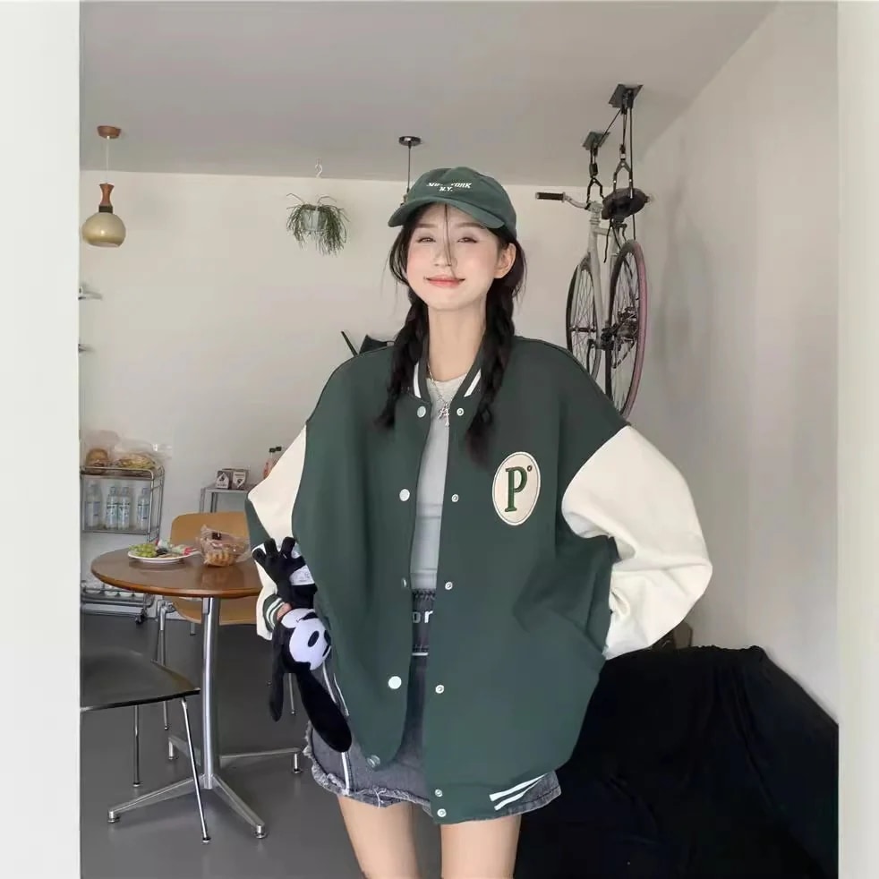 ジャケット・ベースボールシャツレトロヒットカラー野球ジャケットジャケット女性2024新しい百ルーズカジュアルジャケットトップス