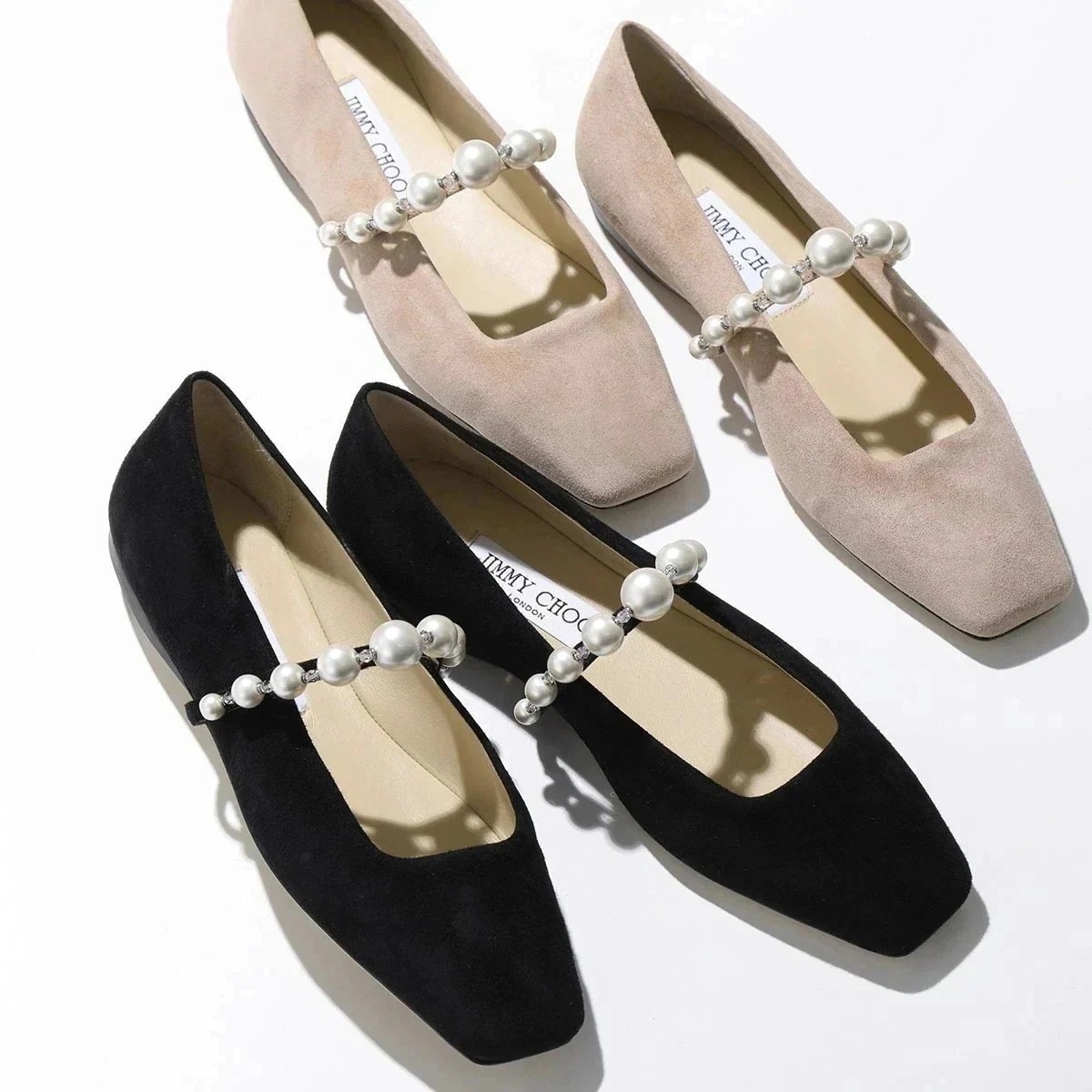 Jimmy Choo ジミーチュウ パンプス ADE FLAT SZR レディース スウェードレザー フラットシューズ パール装飾 スクエアトゥ 靴 カラー2色
