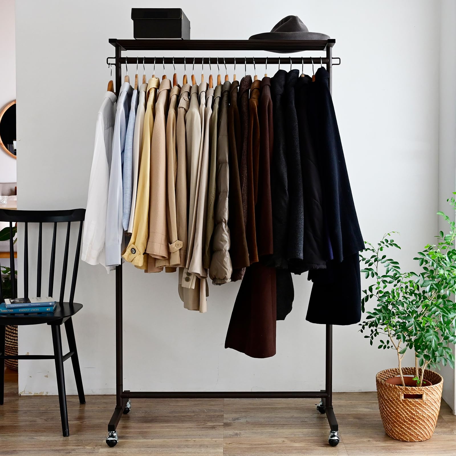 山善(YAMAZEN) ハンガーラック 頑丈 キャスター付き 棚付き シングル 幅91.5×奥行43×高さ114/118.5~173.5cm(5cmピッチ12段階) 全体耐荷重55 高荷重でも動かしや