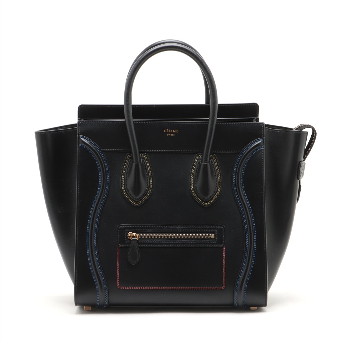 新品同様 ラゲージ ミニ ショッパー カラフル ステッチ レザー ハンドバッグ トート 本革 ブラック 黒 レディース EEM T26-9 中古