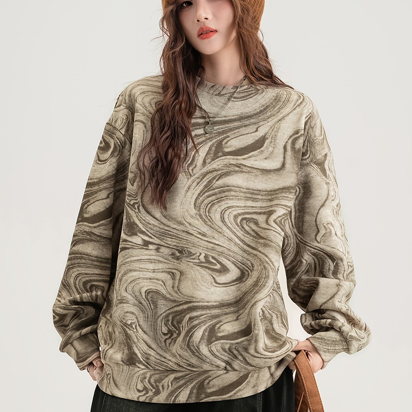 レディース ラウンドネック プルオーバー スウェットシャツ オールオーバー 抽象プリント ダークグリーン 秋冬 カジュアルウェア 手洗い専用 冬の快適着 モダングラフィックデザイン テクスチャー