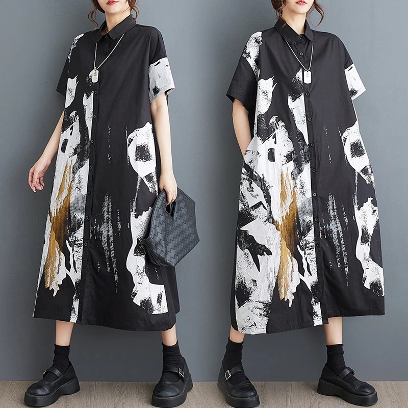 夏の新型ゆるい大サイズプリントはカジュアルでで甘い半袖ワンピース 通勤シャツロングワンピース