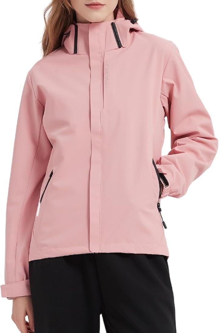 軽くて風を通さない アウトドアジャケット レディース マウンテンパーカー 秋服 釣り 防風 撥水 登山服 ハイキング 防寒 長袖 バイク 自転車 トレッキング(ピンク, XL)