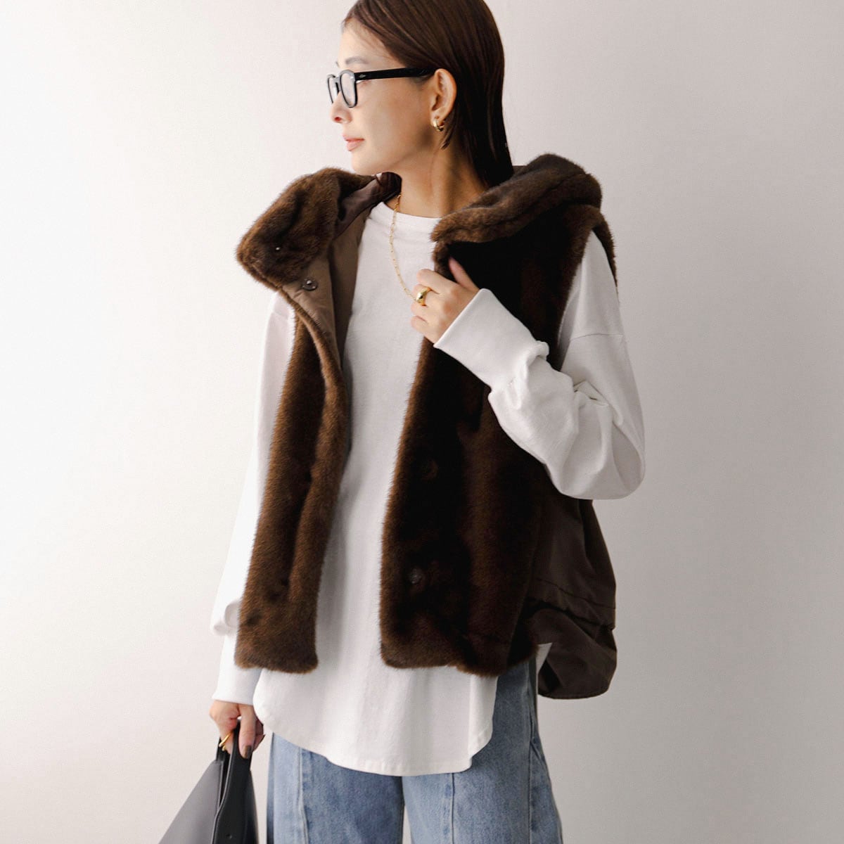 trois トロワ ファーベスト T256-83045 レディース エコファー フーテッド ジレ C/ブラウン 【ts】