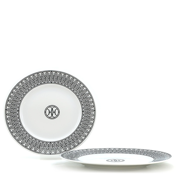 エルメス HERMES 食器 デザートプレート Hデコ ポーセリン ブラック×ホワイト 新品 未使用 アッシュデコ 22.5cm お皿 白 黒 陶器 2枚セット 【箱】【中古】